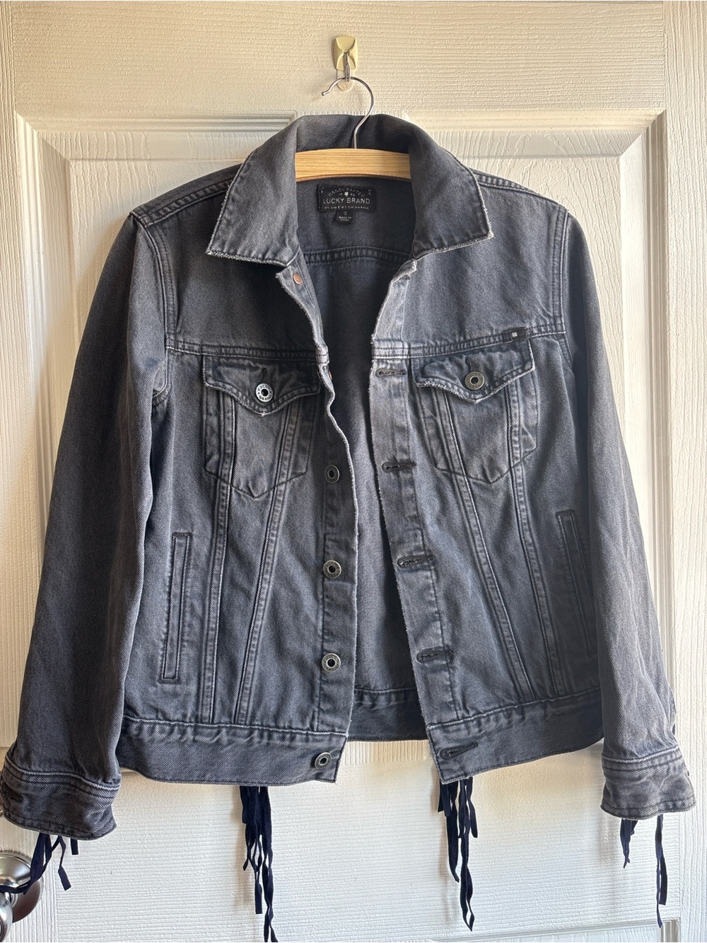 Lucky Brand Black Denim Jacket Lace Up Fringe Back Boho Trucker Jean Coat Small